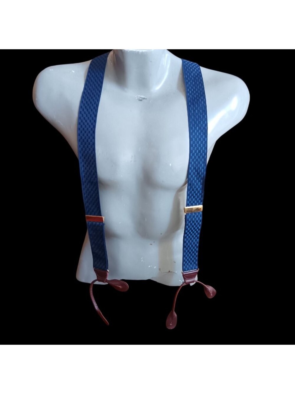 Vintage Blue Checkered Suspenders Pelican Leather Tog Loops Gold-Tone Clips